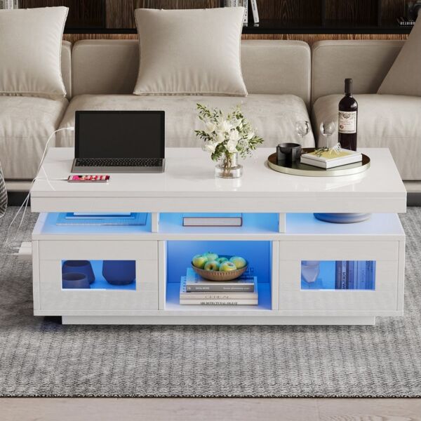 HAUSS SPOLE Couchtisch Hochglanz-Sofatisch mit LED-Leuchten, Ladeanschluss und steckdose (Satztisch, Wohnzimmertisch, Beistelltisch, 1-St, mit Ladeanschluss und steckdose), mit per mobiler App steuerbaren LED-Leuchten