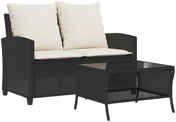 vidaXL Gartensofa 2-Sitzer mit Kissen & Tisch Schwarz Poly Rattan 4103845