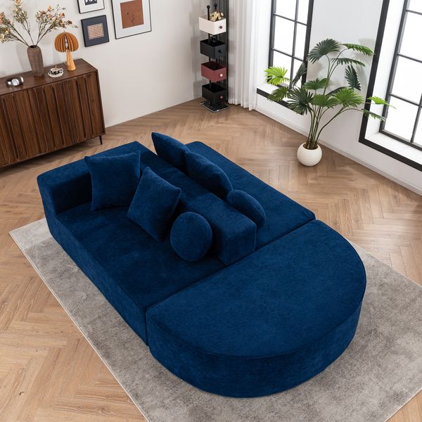 Modulares Sofa, Chenille mit Schlaffunktion & 6 Kissen, Blau, Sitzhöhe 40 cm