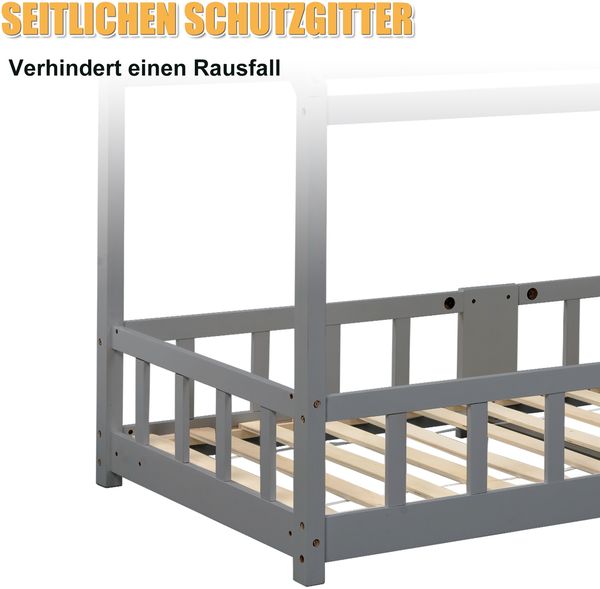 Bett Hausbett 90x200 cm aus Holzmaterial Grau mit Tafel und Rausfallschutz, ohne Matratze Bild 9