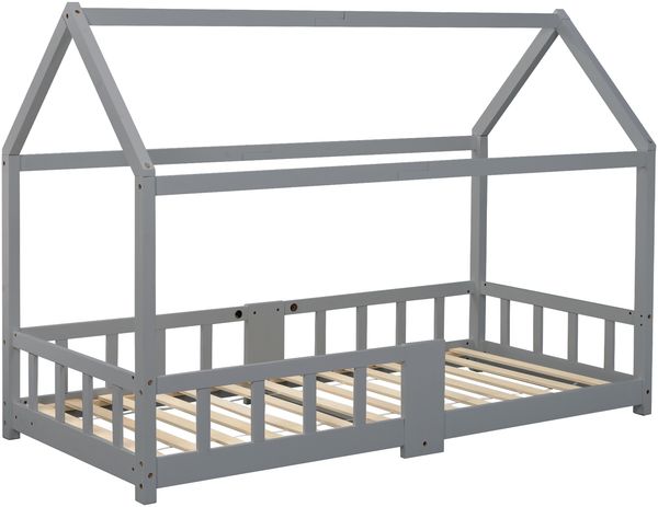Bett Hausbett 90x200 cm aus Holzmaterial Grau mit Tafel und Rausfallschutz, ohne Matratze Bild 6