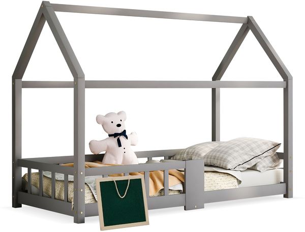 Bett Hausbett 90x200 cm aus Holzmaterial Grau mit Tafel und Rausfallschutz, ohne Matratze Bild 7