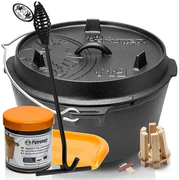 Petromax Schmortopf Feuertopf Dutch Oven ft9 mit Füssen 8-14 Personen 7,5l, Gusseisen (Spar-Set, 6-tlg, Topf+Deckel+Deckelheber+Paste+Schaber+Feuer-Kit), Deckel mit Henkel, als Pfanne nutzbar, Topf induktionsfähig