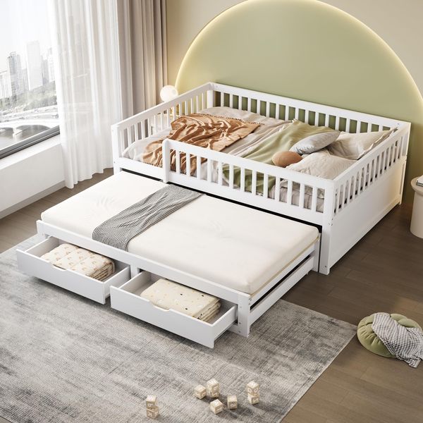 Ball & Cast Tagesbett Ausziehbar (140x200cm) mit Vollverkleidetes Sicherheitsgitter, Sofabett mit 2 Schubladen Darunter, Einfach & Zeitsparend Montierbar, Weiß