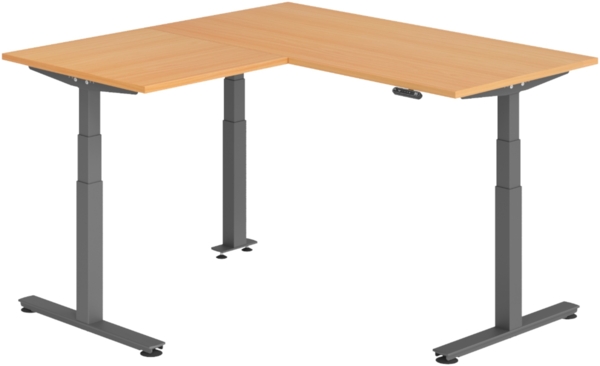 bümö Eckschreibtisch elektrisch höhenverstellbar L-Form: 160 x 160 cm in Buche, Gestell graphit - Stehschreibtisch mit Memory-Steuerung, elektrischer XXL Schreibtisch für die Ecke, XDSMW-1608-6-G