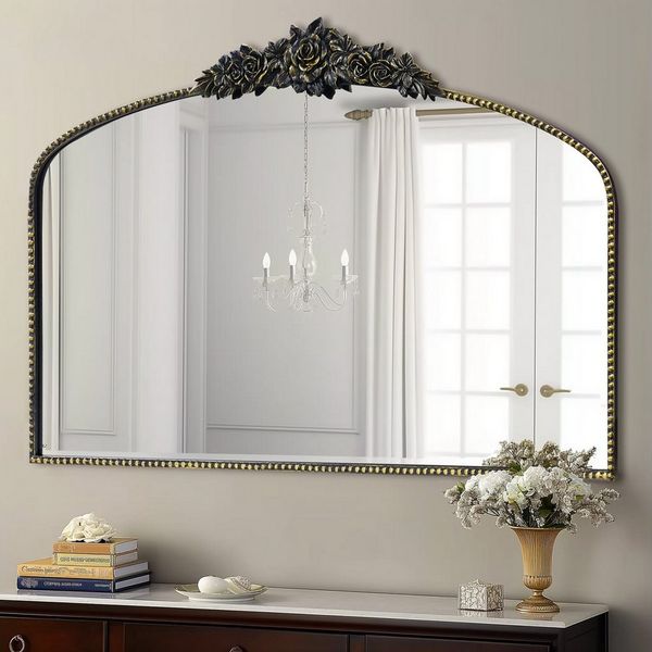 G-LEAF Wandspiegel Bogen-Wandspiegel im Barockstil, Metallrahmen mit Perlenverzierung (1-St), für Eingangsbereich, Badezimmer oder Schlafzimmer, Vintage-Schwarz