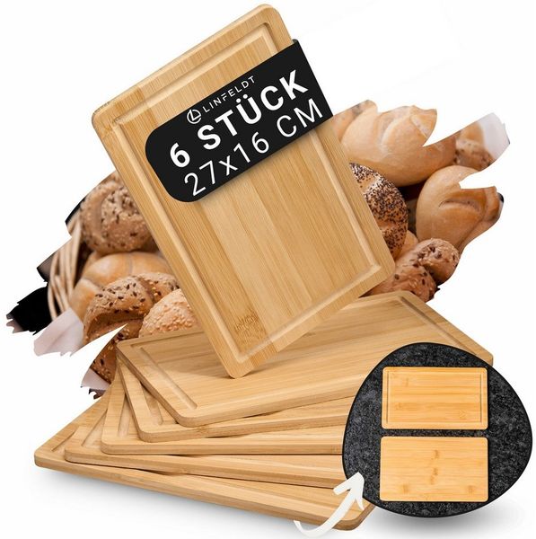 LINFELDT Frühstücksbrett 6er Set aus Bambus mit Saftrille - Rückseite Glatt - 27x16x1cm, (Set, 6-St, 6 Frühstücksbrettchen), mit Saftrille, glatte Unterseite
