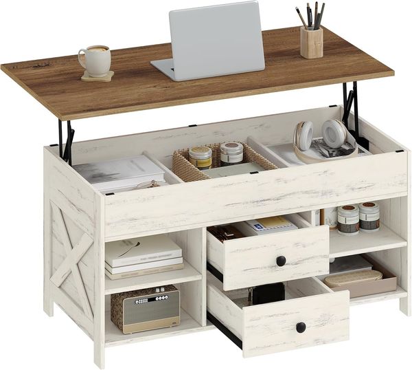 Couchtisch, höhenverstellbar, 2 Schubladen und Versteckter Stauraum, Weiß-Braun, 50 x 100 x 47,3-61,3 cm
