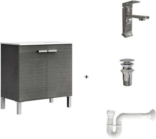 Baikal Komplett-Lösung, inkl. Badezimmermöbel, Keramikwaschbecken, Wasserhahn, Siphon ausziehbar und Ablaufventil montiert, All-in-One-Lieferung ohne Spiegel 80 cm Asche