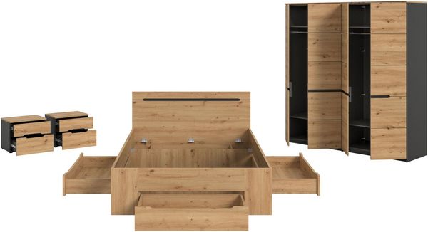 Home affaire Schlafzimmer-Set REHAT, 4-teilig, best. aus: Bett, Kleiderschrank & 2x Nachtkommode, (4-tlg, TOPSELLER!, für Matratzengröße 140x200 cm, viel Stauraum), Rehat, Schlafzimmerset, Bett 140x200 cm, Nachttische, 1 Kleiderschrank