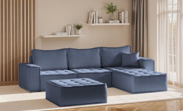 Ecksofa Modulsofa 4-teilig SANDE Stoff Raven Blau Ottomane Rechts