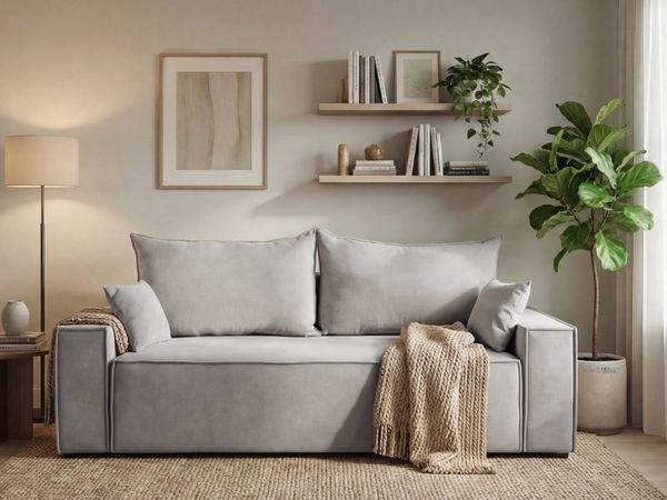 GRAINGOLD Sofa Sivra, Schlafsofa mit Bettkasten, Couch 3-Sitzer, Schlafcouch, Velour-Stoff, Hellgrau
