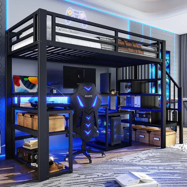 Hochbett mit RGB LED-Streifen, Schreibtisch, Regal, Lattenrost, Treppe, Rausfallschutz, Steckdosen und USB, 90x200cm, Metallbett, Kinderbett