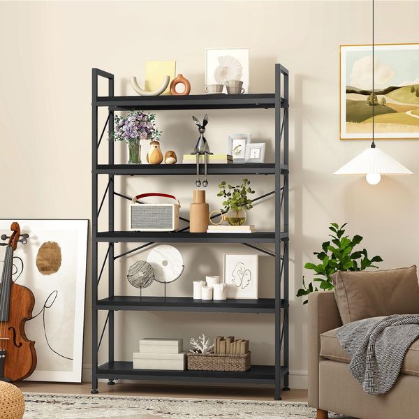 DWVO Hoches Bücherregal, 5 Etagen, industrielles 80 cm breit, 158 cm hoch, großes Holzregal und Metallregal, Aufbewahrungsregal für Wohnzimmer, Heimbüro, Schwarz