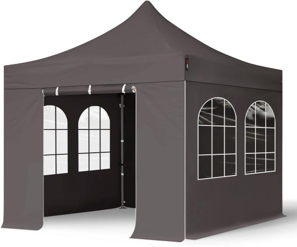 3x3 m Faltpavillon, PREMIUM Stahl 40mm, Seitenteile mit Sprossenfenstern, dunkelgrau