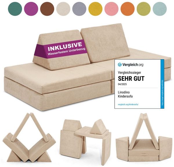 Linodino Kindersofa Spielsofa I aus Schaumstoff Bausteine I Spielcouch für Kinder, Wasserfeste Unterbezüge, Waschbare Chenille Bezüge 30°