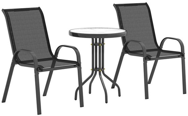 Outsunny Balkonset mit Glastisch, Stapelbare Gartenstühle, (Bistro-Set, 3-tlg, Gartenmöbel Set), Gartengarnitur Schwarz
