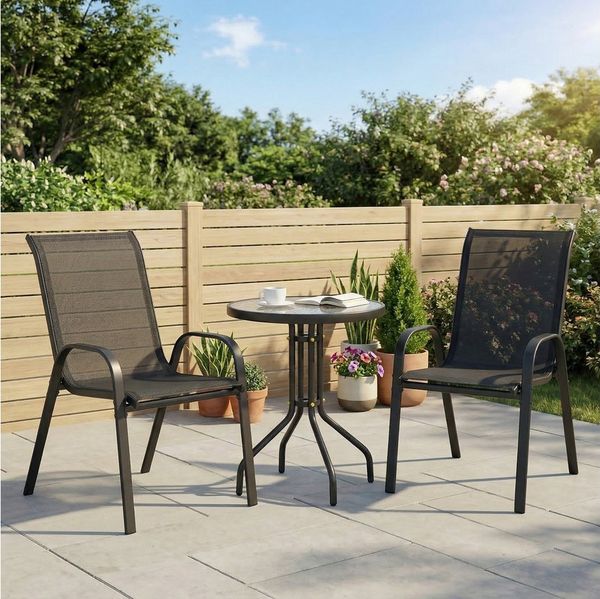 Outsunny Balkonset mit Glastisch, Stapelbare Gartenstühle, (Bistro-Set, 3-tlg, Gartenmöbel Set), Gartengarnitur Schwarz