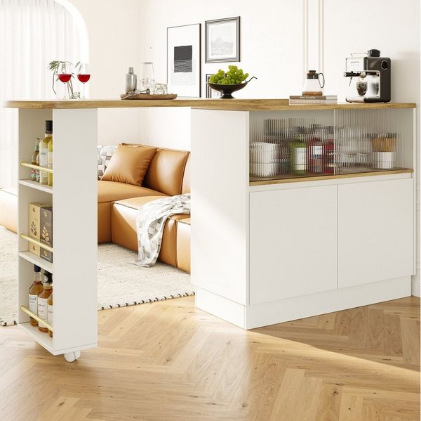 Flieks Bartisch 360° drehbar Stehtisch mit Sideboard (Set, 1-St, mit Rollen und Ablage), ausziehbar Esstisch mit 4 Türen Kommode Bistrotisch