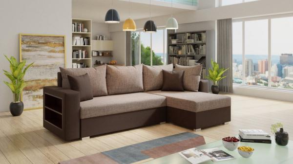 Ecksofa Lord mit Regal und Schlaffunktion - Sofa mit Bettkasten, Schlafsofa, Polsterecke, Couch L-Form, Couchgarnitur, Sofagarnitur (Braun + Beige (Dolaro 33 + Berlin 03), Ecksofa Rechts)