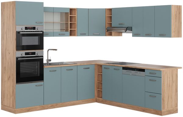 Eckküche R-Line Blau-Grau/Goldkraft Eiche 247 x 60 cm , AP Eiche Vicco