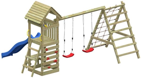 Spielturm KIDOO PRO inkl. Doppelschaukel, Kletterwand, Kletterrampe und Kletternetz - Material: Kiefernholz - Rutschenfarbe: Apfelgrün - Maße: 447 x 287 x 260 cm