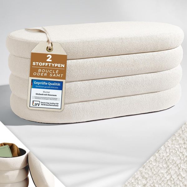 Blumtal Sitzbank mit Stauraum XL oval, Bouclé-Bezug - robuste Truhenbank mit Stauraum & Bouclé-Stoff-Bezug 110 x 45 x 42.5 cm - Truhe mit Stauraum - Schuhbank mit Sitzfläche - Pouf Hocker Creme