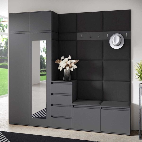 Garderoben-Set BERLIN – Kleiderschrank mit Polsterplatten, Schuhschrank und Schrankaufsatz 90 cm, für Flur und Eingangsbereich (Graphite,Trinity 16), 225 x 40 x 220 cm