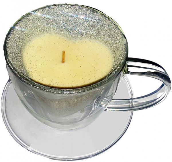 Duftkerze in Herz Tasse Doppelwandigem Glas + Unterteller silber Zitronenkuchen