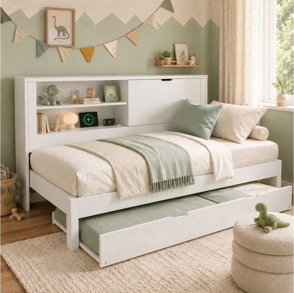 Flieks Kinderbett, Daybett 90×190cm mit Ausziehbett 90x190cm, Stauraum und Ladefunktion