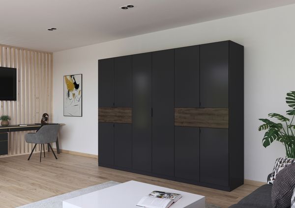 rauch Kleiderschrank, Drehtürenschrank TICAO, 10-türig, 2 Schubkästen, inkl. Türdämpferset, Grau metallic/Atlantik Oak dunkel, 271 x 210 x 54 cm