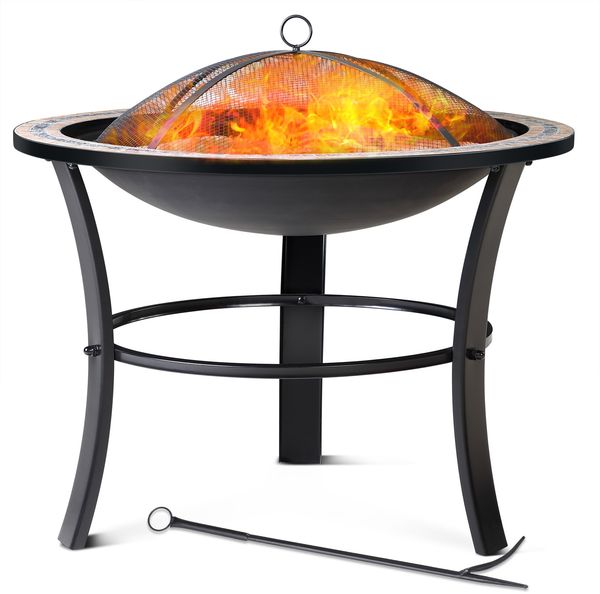 GARDEBRUK® Feuerschale, mit Funkenschutz, Schürhaken, Abdeckung, Rost, Rund, Mosaik, Stahl Schwarz, 65 x 76 x 76 cm