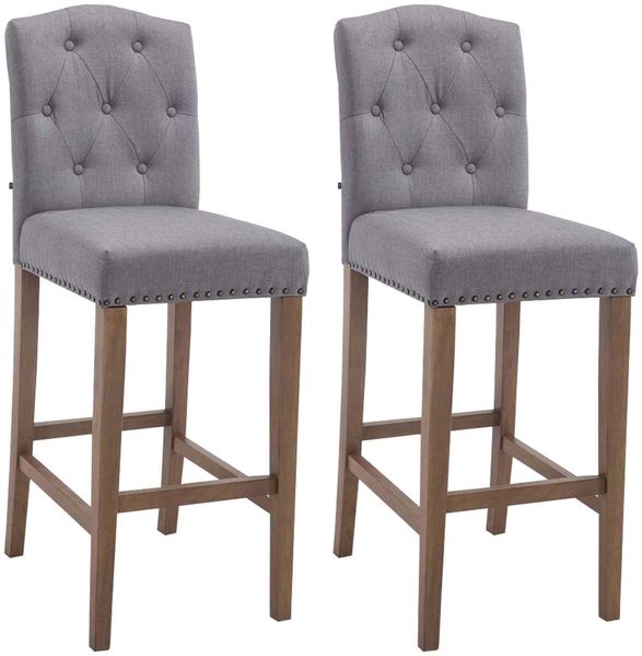 2er Set Barhocker LIKEL - Stoff Hellgrau 42x57x113 cm Braun | Barstuhl Mit Lehne Tresenhocker Tresenstuhl Kneipenhocker Kneipenstuhl