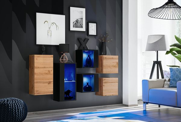 Hängende Kommode SB4 in Wotan und Schwarz 150 x 80 cm 7-teilig