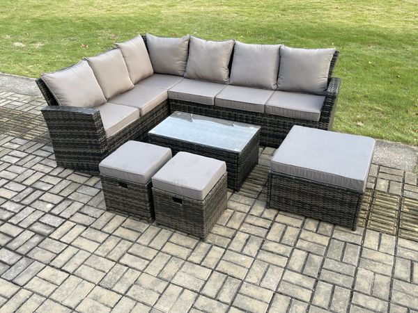 Fimous 9 Sitzer Hoher Rücken Rattan Gartenmöbel Set Rattan Ecksofa Set mit Rechteckiger Couchtisch 3 Fußhockern Dunkelgrau gemischt