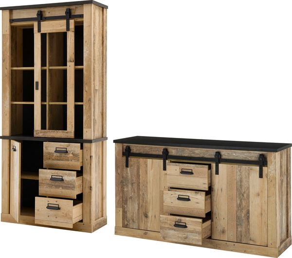 Home affaire Wohnwand SHERWOOD, (2-St), Scheunentorbeschlag und Apothekergriffe aus Metall, Höhe 201 cm