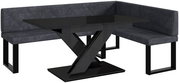 MEBLINI Eckbank für Esszimmer mit ausziehbarem Tisch - Küchenbank - Essecke - Sitzecke Küche - ERIC - U-Beine 142x196x87cm Rechts - Dunkelgrau Samt/B Schwarz Hochgl.