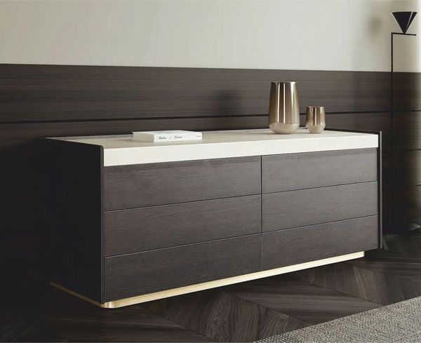 Casa Padrino Luxus Kommode Dunkelbraun / Creme / Messing 150 cm - Schlafzimmer Möbel