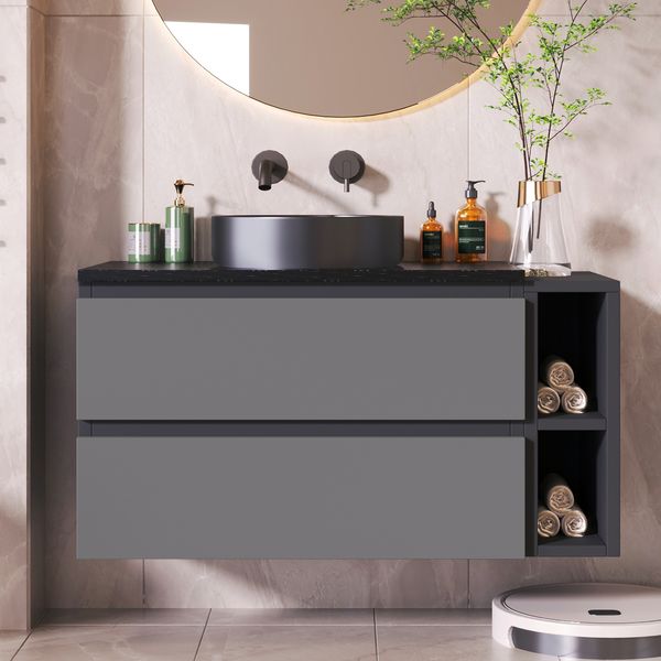 Badezimmerschrank mit Marmorplatte und schwarzem Rundbecken, Waschtischunterschrank mit Keramik-Waschschale,grifflos