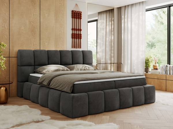 Boxspringbett mit dekorativem Kopfteil, Doppelbett mit zwei 7 Härtezonen Multipocket-Matratzen, Bettkästen, Polsterbett - NIRA - 120 x 200 cm - Dunkelgrau Velours - H4
