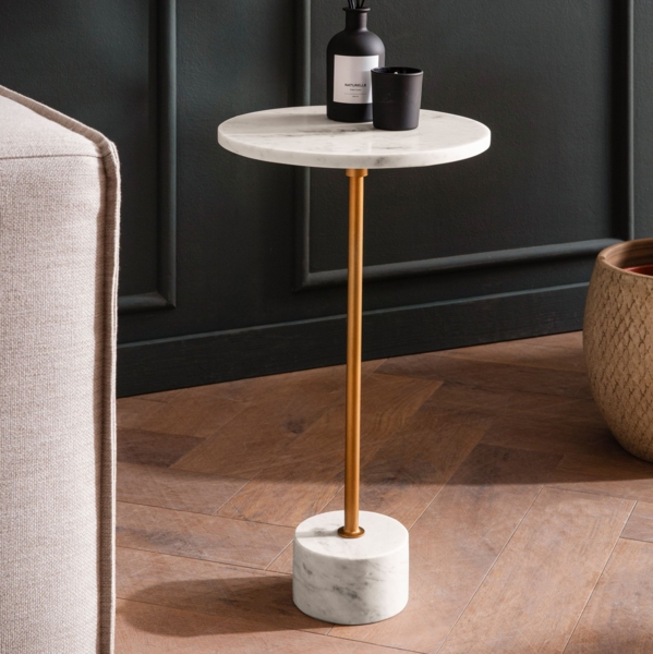 FINEBUY Beistelltisch FB107536 Anstelltisch Echter Marmor Ø 30 cm Wohnzimmertisch Rund (Echter Marmor Metall 30x30x55,5 Anstelltisch, rund), Abstelltisch Weiß Gold Marmortisch Wohnzimmertisch