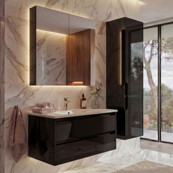 Badezimmerset HWC-B19b, Waschtisch Spiegelschrank Hängeschrank, hochglanz MVG-zertifiziert ~ schwarz