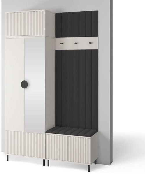 Garderoben-Set Ritmo version 4 – gefräste Kleiderschrank mit Polsterplatten, Schuhschrank, für Flur und Eingangsbereich (cashmere, Trinity 16), 235 x 40 x 140 cm