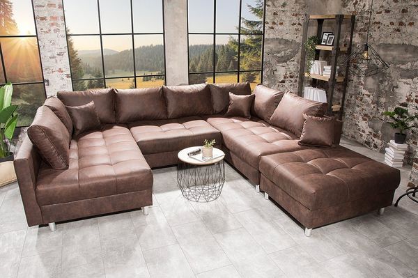 riess-ambiente Wohnlandschaft KENT 305cm antik braun - Federkern, modern, inkl. Hocker u. Kissen, Set 2 Teile, Wohnzimmer · XXL · U-Form · Federkern · Microfaser · Hocker & Kissen