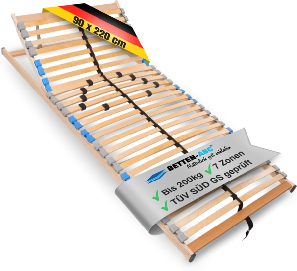 Betten ABC MaDeRa 7 Zonen Lattenrost zur Selbstmontage, mit 28 Leisten, extra stabil durch durchgehende Holme 90x220 - Kopfteilverstellung