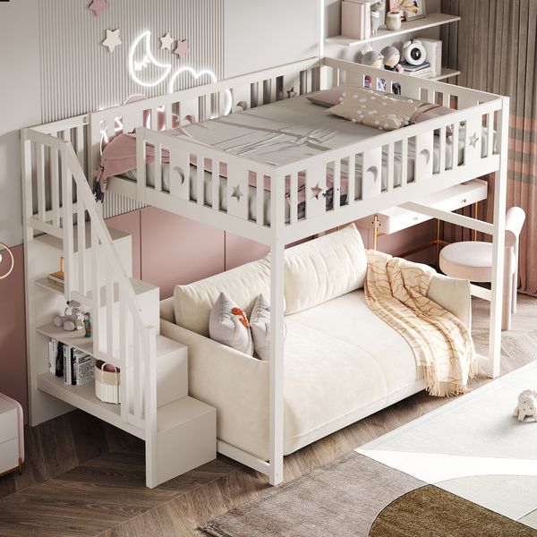 Novelux Hochbett für Kinder 140x200 mit Treppe und Rausfallschutz – Massivholz Weiß, sicheres Etagenbett mit Stern- und Monddekoration, 150kg Tragkraft