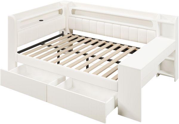 Merax Doppelbett 140x200cm, Kinderbett, Daybett, mit USB-Anschlüssen und LED-Gürtel, mit Schreibtisch und 2 Schubladen, weiß Bild 9