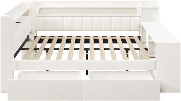 Merax Doppelbett 140x200cm, Kinderbett, Daybett, mit USB-Anschlüssen und LED-Gürtel, mit Schreibtisch und 2 Schubladen, weiß Bild 8