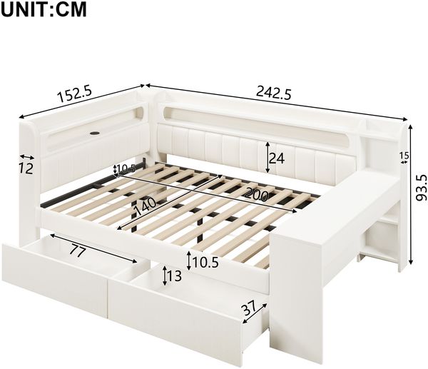 Merax Doppelbett 140x200cm, Kinderbett, Daybett, mit USB-Anschlüssen und LED-Gürtel, mit Schreibtisch und 2 Schubladen, weiß Bild 4