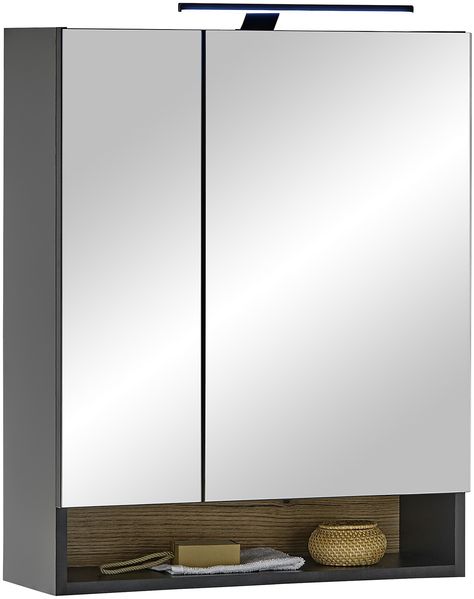 Badezimmerspiegelschrank >Denver< LED, Steckdose, schwarz matt / evoke Eiche Dekor - 60x75x22cm (BxHxT)